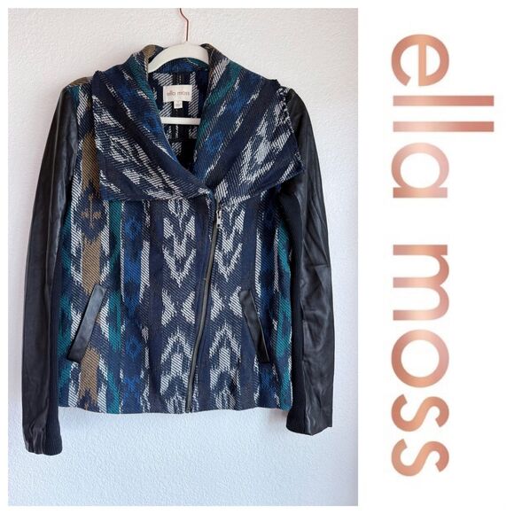 Ella Moss Faux Leather Sleeve Woven Blanket Boho Moto Jacket Ikat Aztec Navajo S - Picture 1 of 12